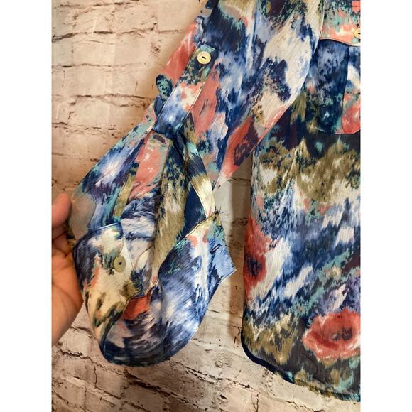 CJ Banks Top Womens 1X Watercolor Art To Wear Button Up Semi Sheer Artsy Flowy - Picture 2 of 14
